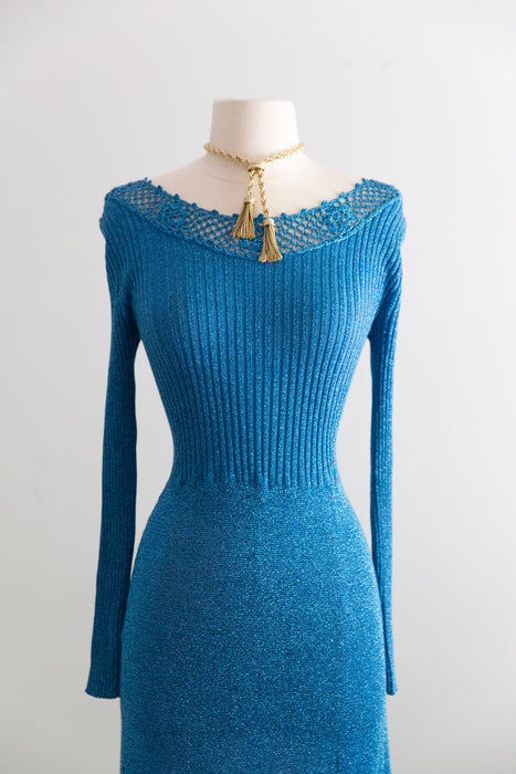 Stunning 1970's Mermaid Blue Metallic Lurex Knit Maxi Dress / SML