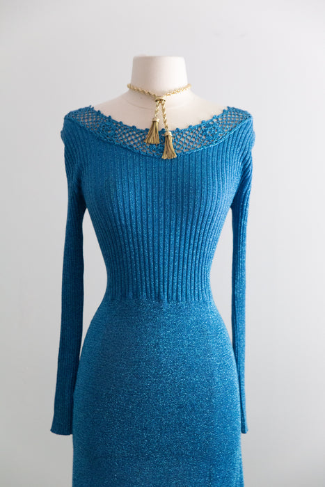 Stunning 1970's Mermaid Blue Metallic Lurex Knit Maxi Dress / SML