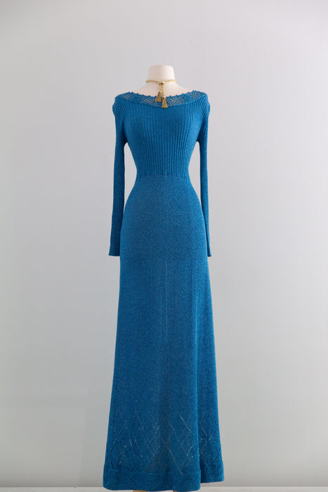 Stunning 1970's Mermaid Blue Metallic Lurex Knit Maxi Dress / SML