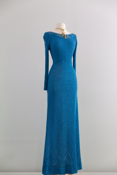 Stunning 1970's Mermaid Blue Metallic Lurex Knit Maxi Dress / SML