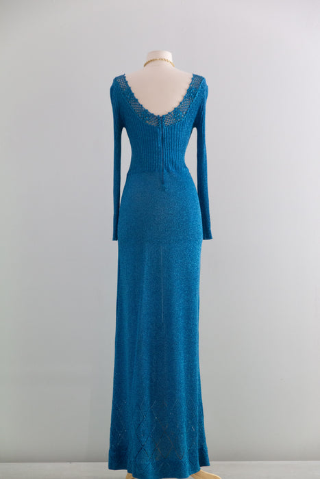 Stunning 1970's Mermaid Blue Metallic Lurex Knit Maxi Dress / SML