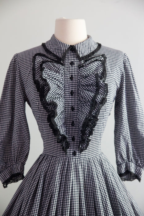 Wicked 1950's Victorian Revival Cotton Gingham Day Dress With Ruffled Collar / S