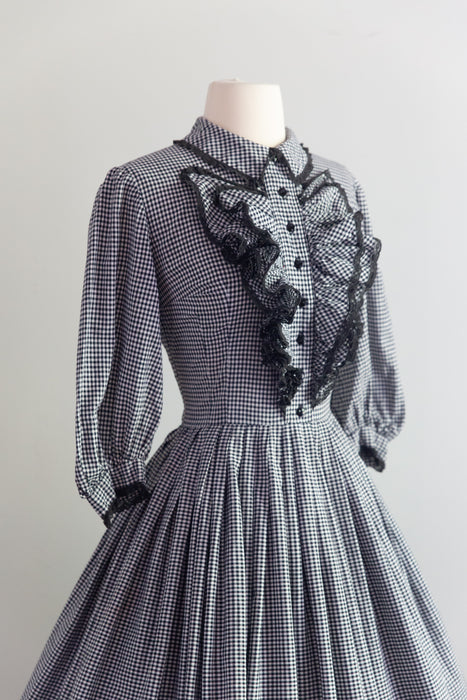 Wicked 1950's Victorian Revival Cotton Gingham Day Dress With Ruffled Collar / S