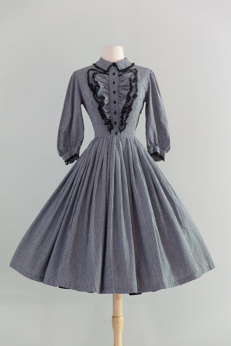 Wicked 1950's Victorian Revival Cotton Gingham Day Dress With Ruffled Collar / S