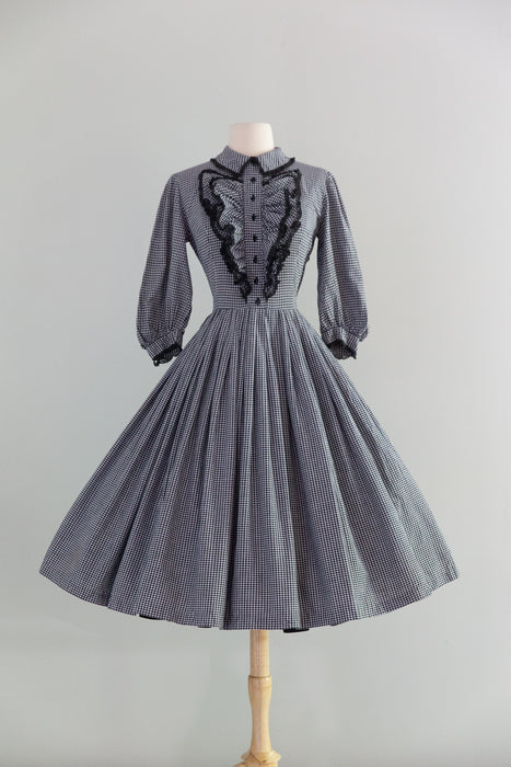 Wicked 1950's Victorian Revival Cotton Gingham Day Dress With Ruffled Collar / S
