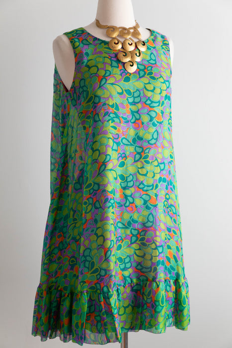 Fabulous 1960's Peacock Silk Trapeze Style Dress By Marcel Fenez of Paris / M