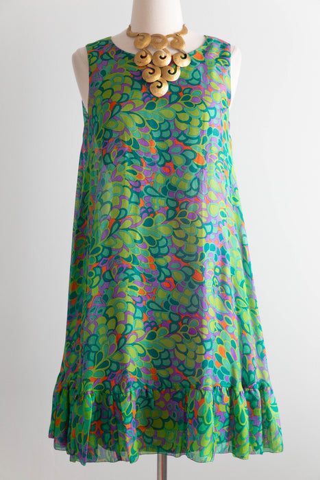 Fabulous 1960's Peacock Silk Trapeze Style Dress By Marcel Fenez of Paris / M