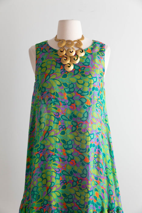 Fabulous 1960's Peacock Silk Trapeze Style Dress By Marcel Fenez of Paris / M