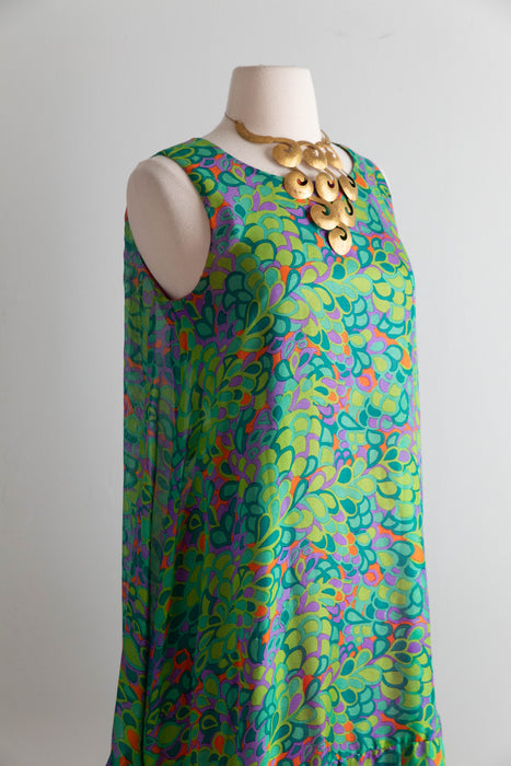 Fabulous 1960's Peacock Silk Trapeze Style Dress By Marcel Fenez of Paris / M