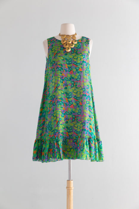 Fabulous 1960's Peacock Silk Trapeze Style Dress By Marcel Fenez of Paris / M