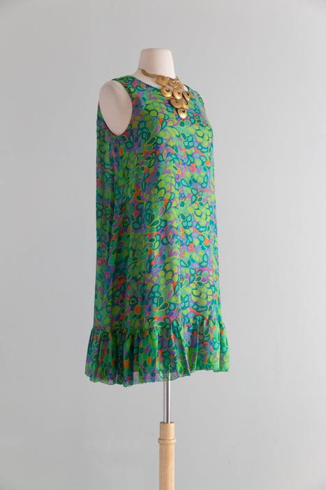 Fabulous 1960's Peacock Silk Trapeze Style Dress By Marcel Fenez of Paris / M