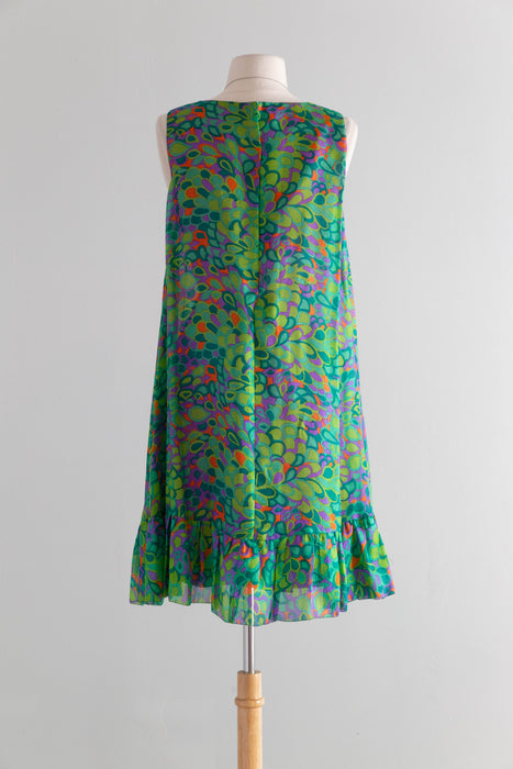 Fabulous 1960's Peacock Silk Trapeze Style Dress By Marcel Fenez of Paris / M