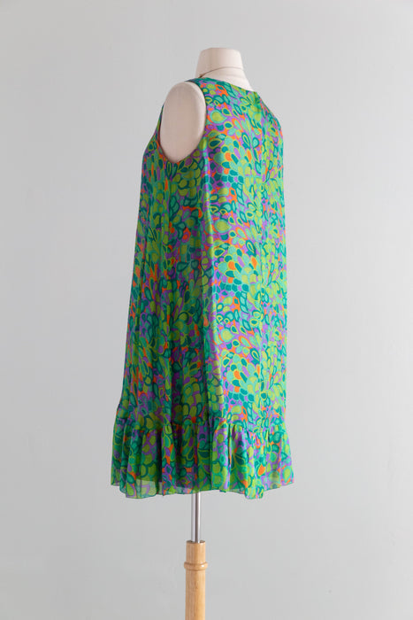 Fabulous 1960's Peacock Silk Trapeze Style Dress By Marcel Fenez of Paris / M