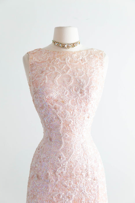 Glamorous 1960's Gene Shelly Shimmering Aurora Pink Sequin Cocktail Dress / Small