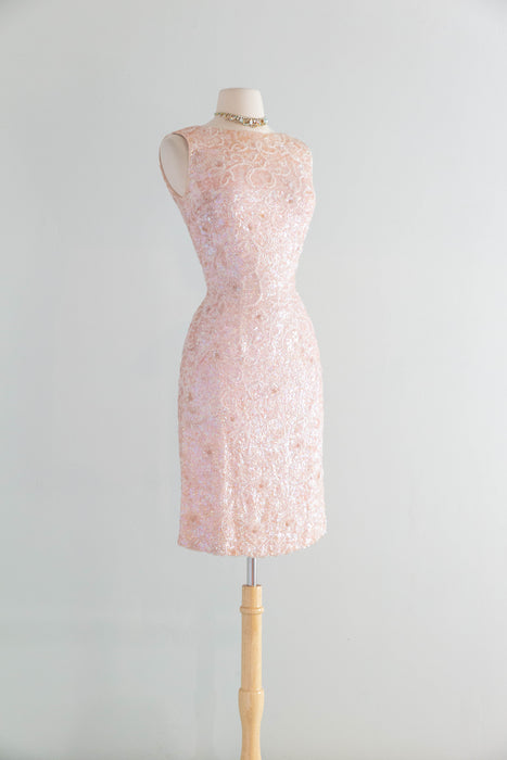 Glamorous 1960's Gene Shelly Shimmering Aurora Pink Sequin Cocktail Dress / Small