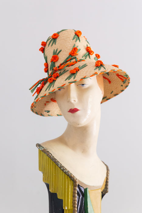 Delightful 1960's Woven Straw Sun Hat with Raffia Flowers