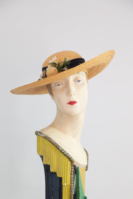Vintage “La Mouche” Wide Brim Straw Sun Hat with Lemon & Fly