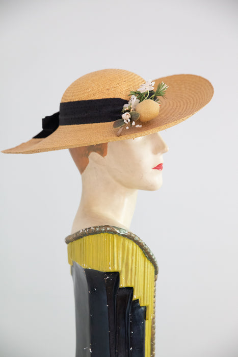 Vintage “La Mouche” Wide Brim Straw Sun Hat with Lemon & Fly