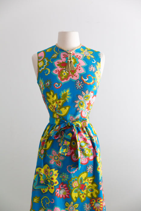 Fabulous 1960's Psychedelic Floral Print Cotton Dress By Lanz / S