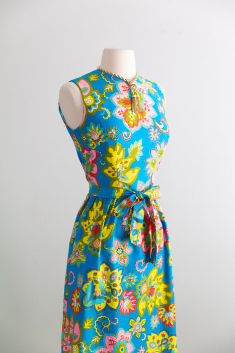 Fabulous 1960's Psychedelic Floral Print Cotton Dress By Lanz / S
