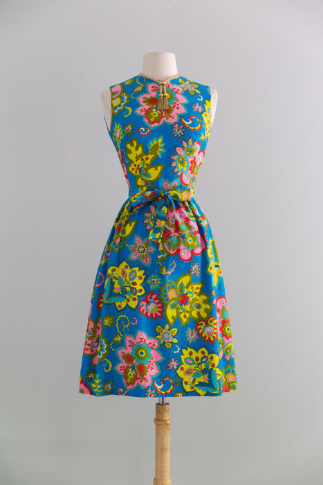 Fabulous 1960's Psychedelic Floral Print Cotton Dress By Lanz / S