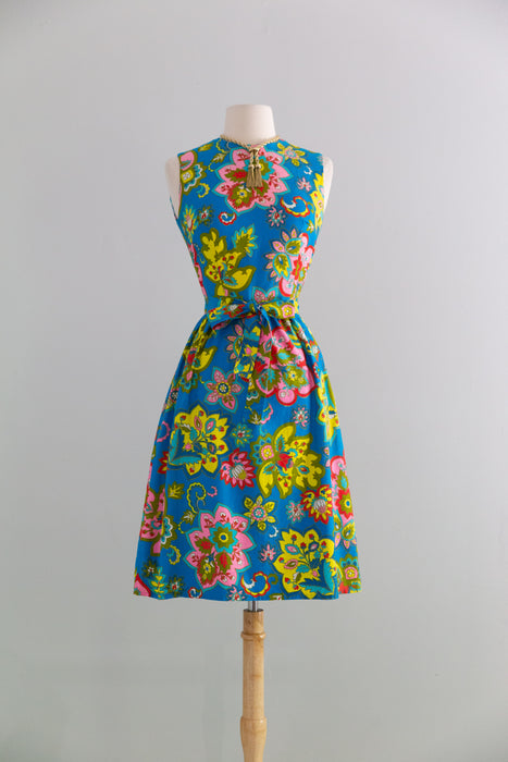 Fabulous 1960's Psychedelic Floral Print Cotton Dress By Lanz / S