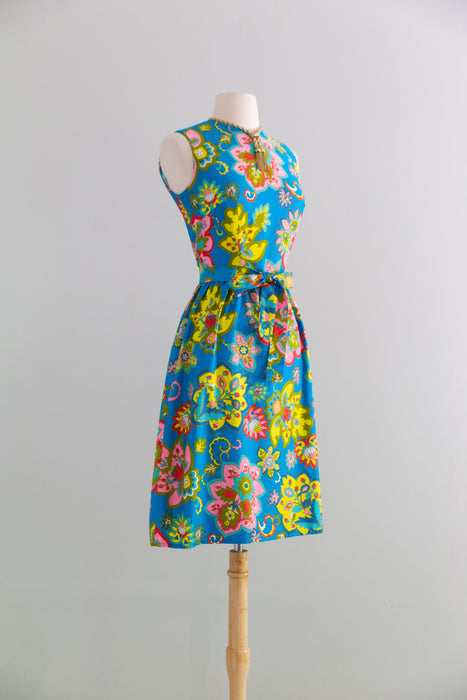 Fabulous 1960's Psychedelic Floral Print Cotton Dress By Lanz / S