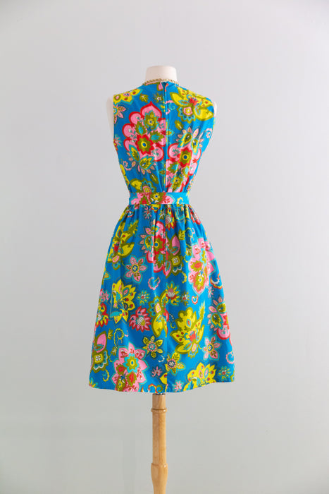 Fabulous 1960's Psychedelic Floral Print Cotton Dress By Lanz / S