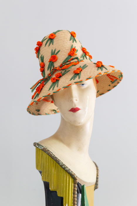 Delightful 1960's Woven Straw Sun Hat with Raffia Flowers
