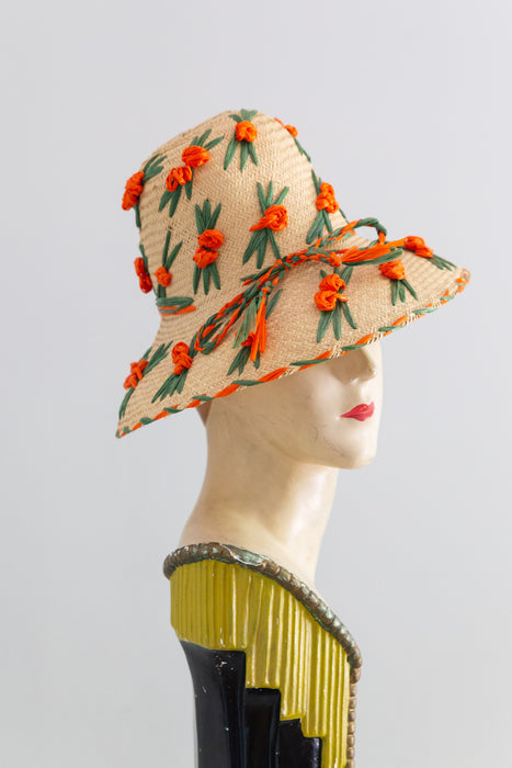 Delightful 1960's Woven Straw Sun Hat with Raffia Flowers