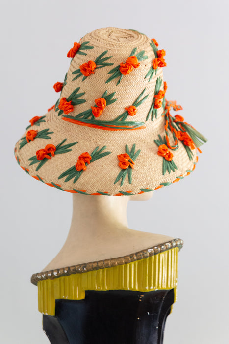Delightful 1960's Woven Straw Sun Hat with Raffia Flowers