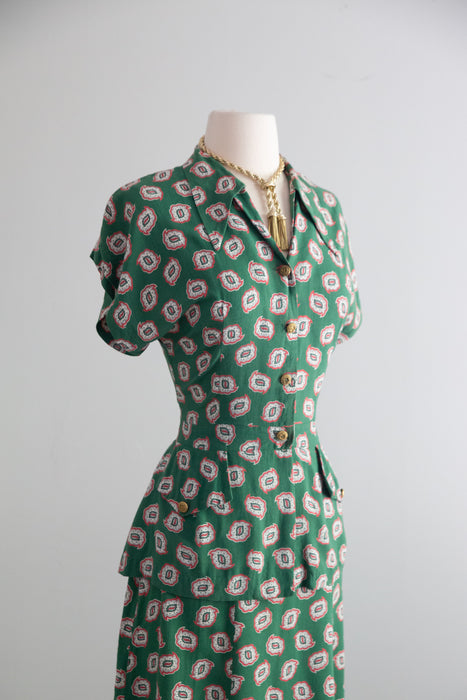 Classic 1940's Mode O' Day Menswear Inspired Two Piece Blouse & Skirt Set / M