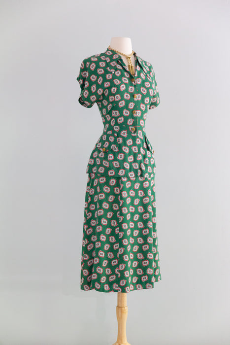 Classic 1940's Mode O' Day Menswear Inspired Two Piece Blouse & Skirt Set / M