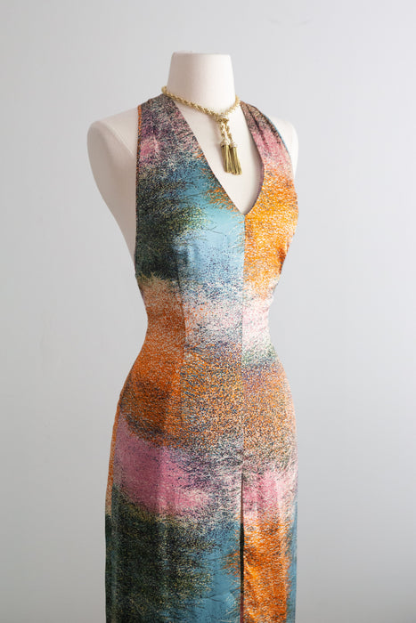 Sexy Y2K Silk Charmeuse Impressionist Print Halter Dress / S