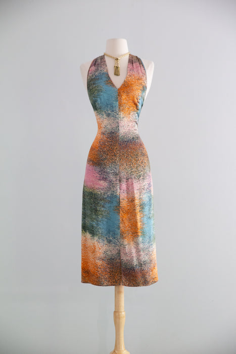 Sexy Y2K Silk Charmeuse Impressionist Print Halter Dress / S