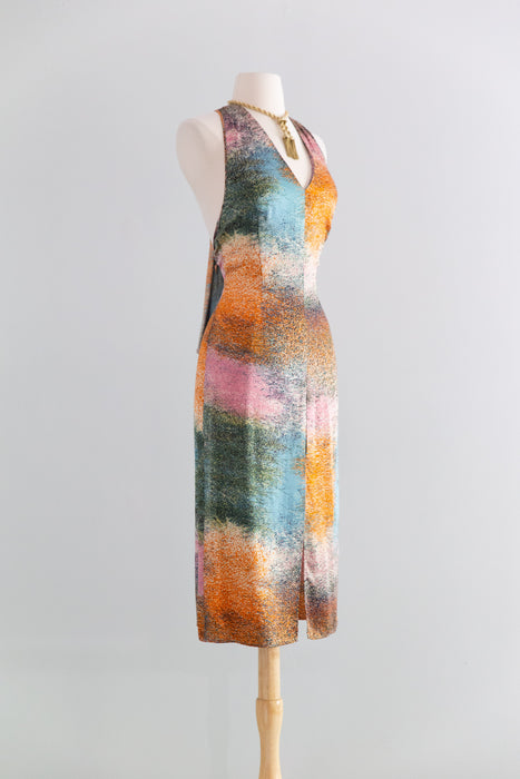 Sexy Y2K Silk Charmeuse Impressionist Print Halter Dress / S