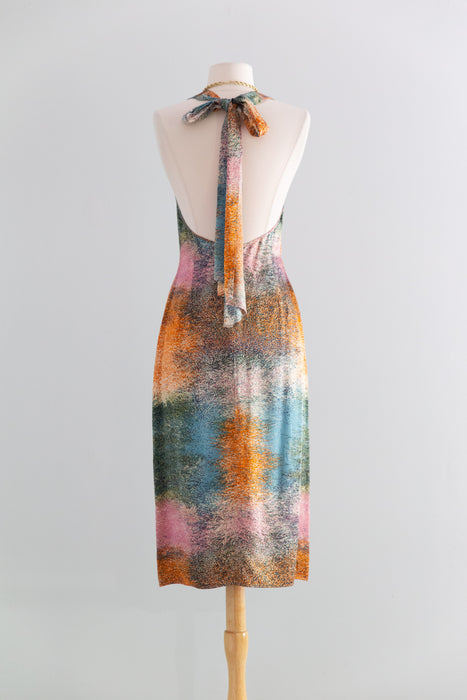 Sexy Y2K Silk Charmeuse Impressionist Print Halter Dress / S