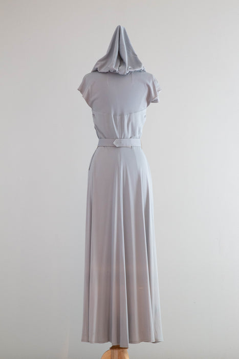 Iconic 1940's Hooded Rayon Jersey Glamorous Evening Gown in Ice Blue / Small