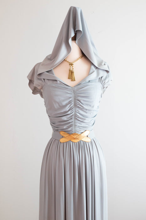 Iconic 1940's Hooded Rayon Jersey Glamorous Evening Gown in Ice Blue / Small