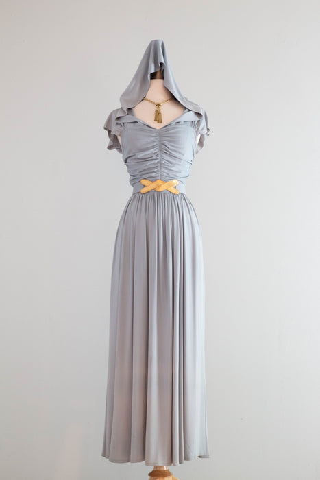 Iconic 1940's Hooded Rayon Jersey Glamorous Evening Gown in Ice Blue / Small