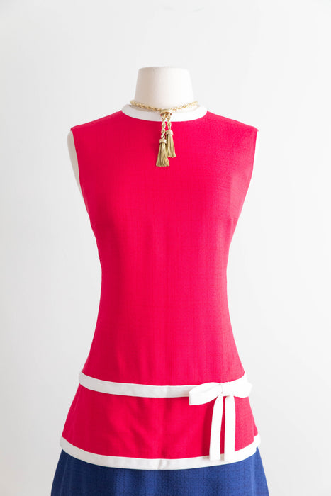 Fabulous 1960's Bob Bugnand Fuschia & Navy Color Blocked Shift Dress / M