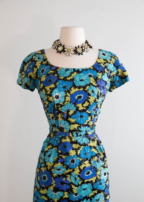 Sophisticated Late 1950's Silk Floral Print Cocktail Dress With Black Sequins By Hannah Troy / M