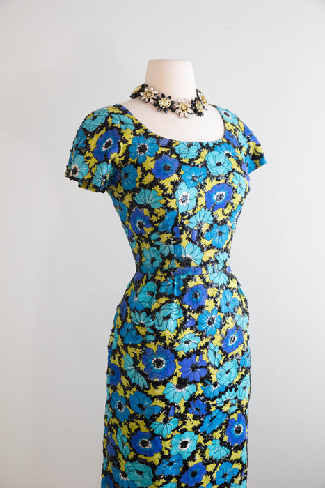 Sophisticated Late 1950's Silk Floral Print Cocktail Dress With Black Sequins By Hannah Troy / M
