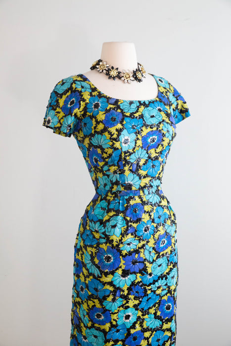 Sophisticated Late 1950's Silk Floral Print Cocktail Dress With Black Sequins By Hannah Troy / M