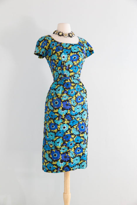 Sophisticated Late 1950's Silk Floral Print Cocktail Dress With Black Sequins By Hannah Troy / M