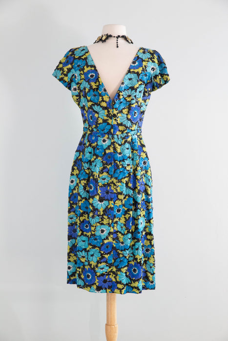 Sophisticated Late 1950's Silk Floral Print Cocktail Dress With Black Sequins By Hannah Troy / M