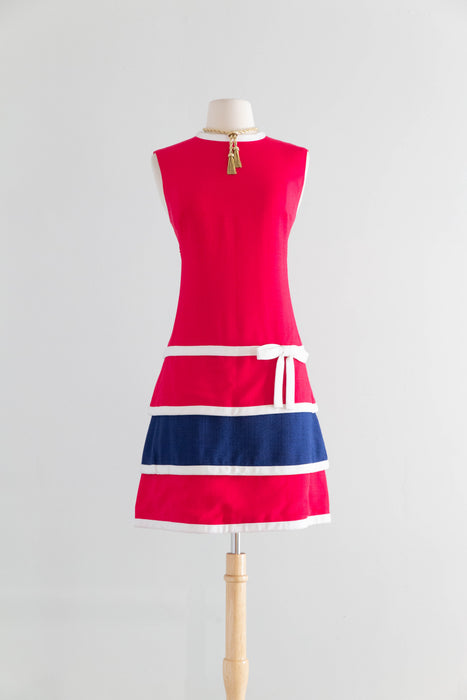 Fabulous 1960's Bob Bugnand Fuschia & Navy Color Blocked Shift Dress / M