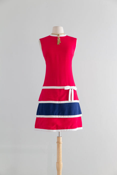 Fabulous 1960's Bob Bugnand Fuschia & Navy Color Blocked Shift Dress / M