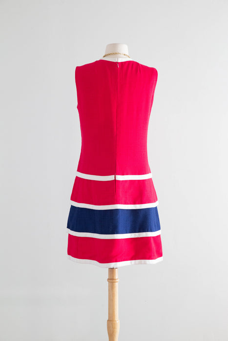 Fabulous 1960's Bob Bugnand Fuschia & Navy Color Blocked Shift Dress / M