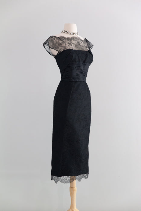 Exquisite 1950's Black Imported Lace Demi Couture Cocktail Dress / SM
